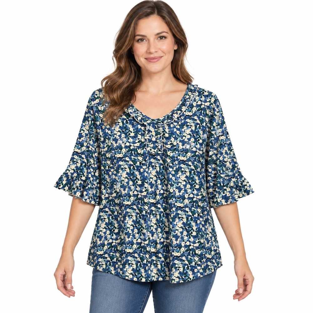 Plus Size Floral Ruffle Bell Sleeve Blouse Top Medium